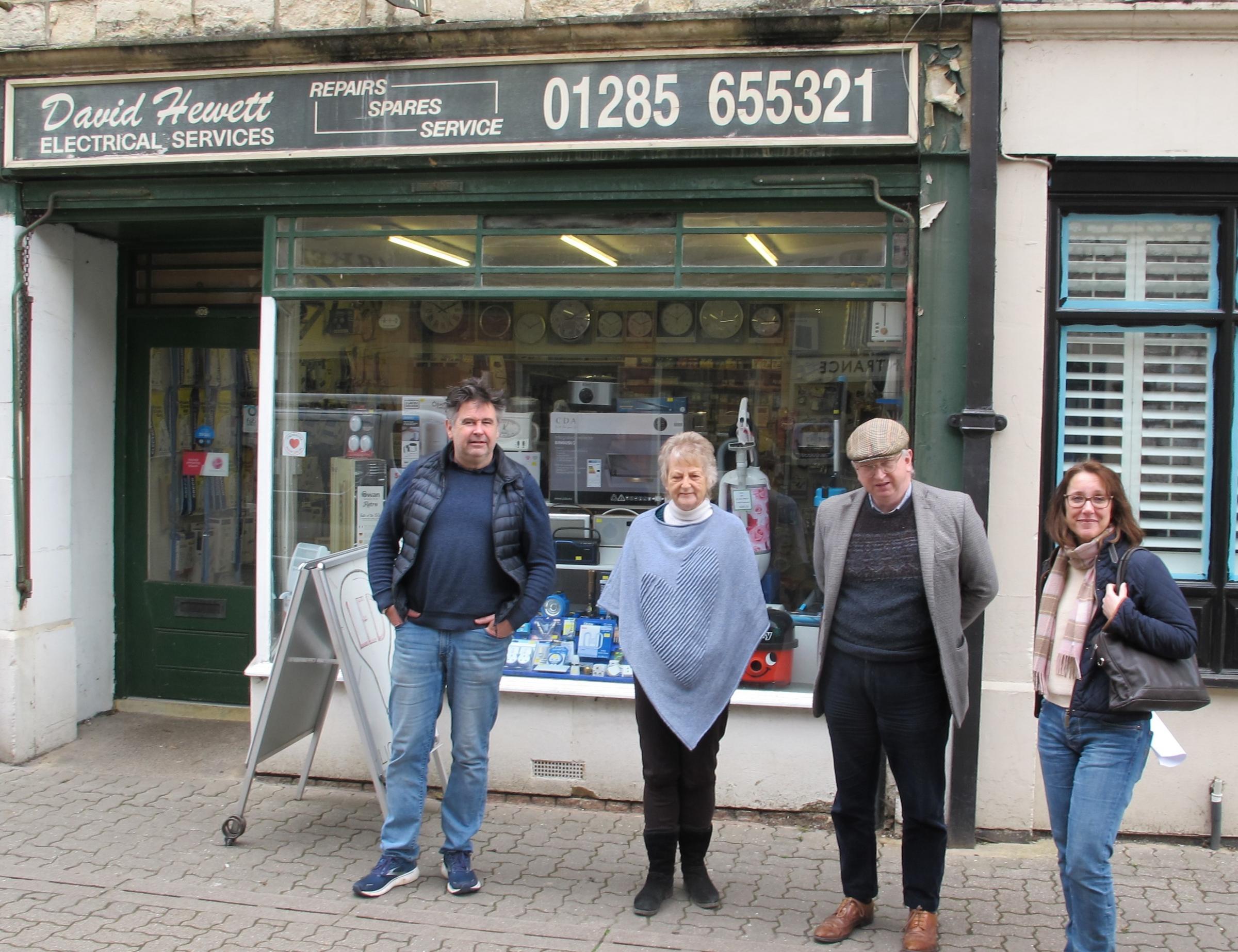 Trader Martin Hewett, Corinne Lamus, concerned resident Len Barr and town councillor Rebecca Halifax on Cricklade Street